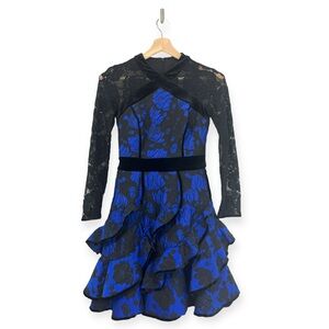 Tadashi Shoji Amina Velvet Lace Floral Jacquard Ruffle Dress Size 0